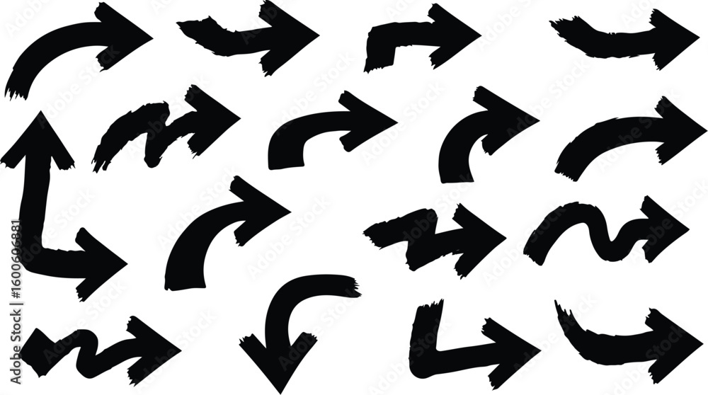 Collection of Hand-Drawn Brush Stroke Arrows and Directional Signs. Perfect for Navigation, Pointers, and Scribble Design Elements.
Collection of Hand-Drawn Brush Stroke Arrows and Directional Signs. Perfect for Navigation, Pointers, and Scribble Design Elements.