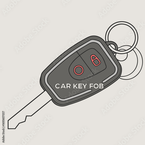 Illustration of a car key fob with a metal key and two rings on a light gray background shown angled