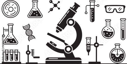 Science and Research Icons Set Silhouette Style Vector Illustration for Education