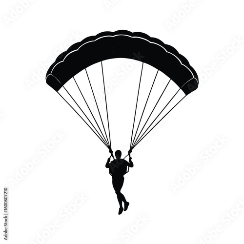 Silhouette of a person paragliding on white