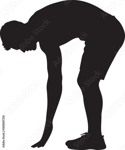 Lifter bent forward with hands on their knees, recovering after an intense set. Full silhouette in black vector design.