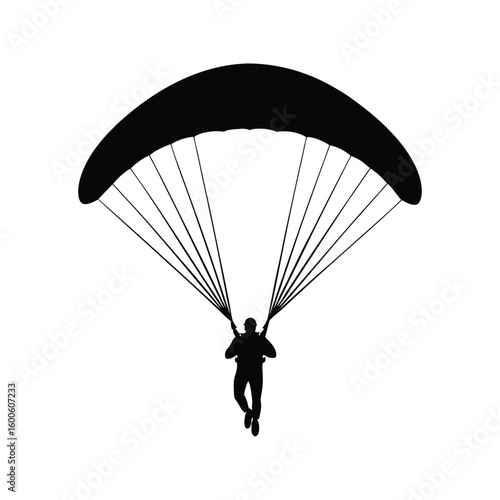Silhouette of a person paragliding on white