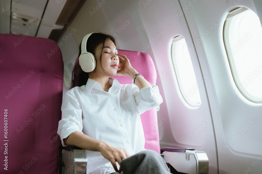 Fototapeta premium A relaxed female passenger wearing headphones sits comfortably by the airplane window, eyes closed, enjoying music, feeling calm and peaceful during the flight, traveling with ease and contentment.