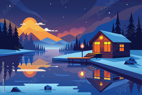 Mountain Cabin at Blue Twilight Vector