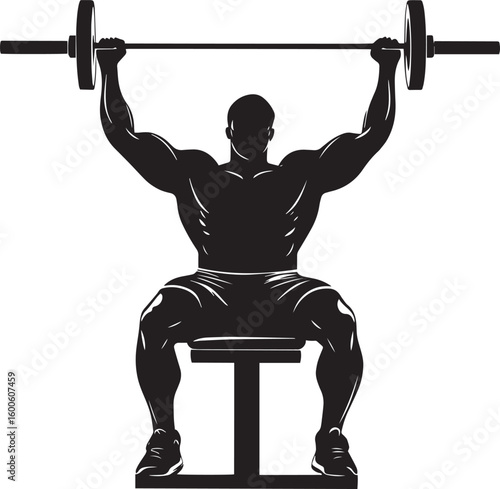 A lifter lying on a bench, pressing the barbell upward with arms fully extended. full length silhouette black vector illustration