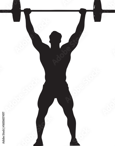A person lifting a barbell overhead with arms straight, bending elbows to lower the weight behind the head. Full-length silhouette black vector illustration.