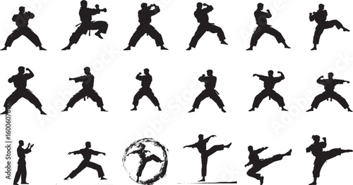 A martial artist deflecting an attack with a quick, light motion of the hand or arm. full length silhouette black vector illustration