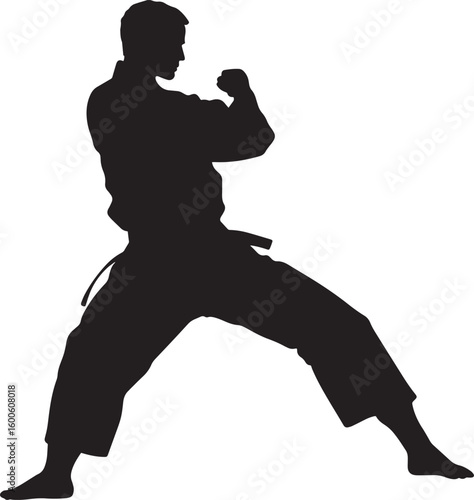 A martial artist standing with one foot forward, the back leg straight, and hands positioned for defense or attack. Full-length silhouette black vector illustration.