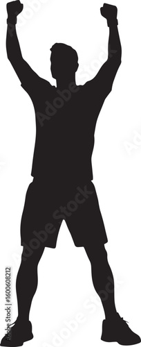 A badminton player celebrating with a raised fist after scoring a critical point. full length silhouette black vector illustration