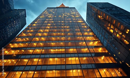 Wallpaper Mural Skyscraper illuminated at dusk, showcasing vibrant glowing windows amidst urban skyline backdrop Torontodigital.ca
