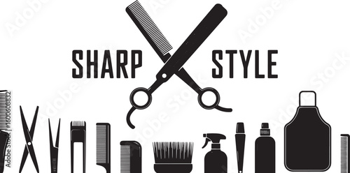 Barber Shop Tools Vector Illustration with Scissors, Comb, and Grooming Equipment