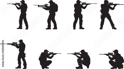 â€œ A hunter holding a crossbow, carefully aiming. full length silhouette black vector illustration