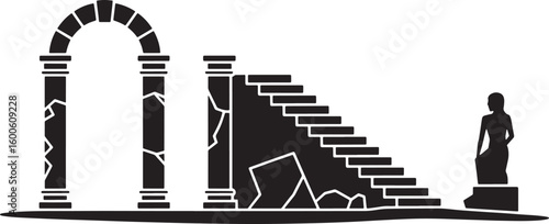 Ancient Ruins Silhouette Collection Archaeological Site with Columns Stairs Statue Vector
