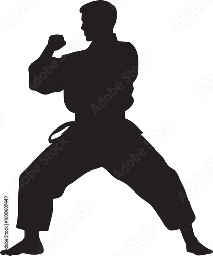 A martial artist standing ready with fists raised and knees slightly bent. Full-length silhouette black vector illustration.