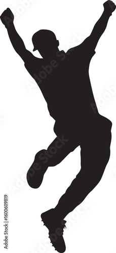 A bowler captured mid-air, body arched with arm raised high in preparation for the ball's release. Full-length silhouette black vector illustration.