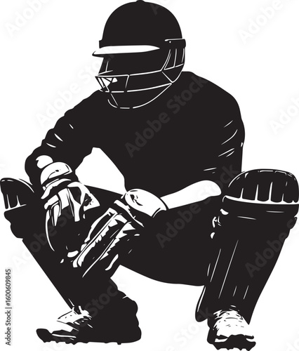 A silhouette of a wicketkeeper in a defensive position, crouched and prepared to catch the ball. Full-length silhouette black vector illustration.