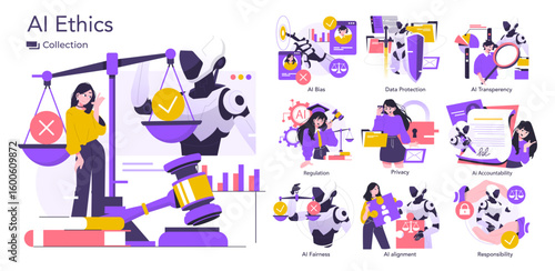 AI Ethics and Regulation Vector Illustration Set