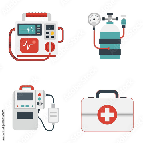 Vector Medical Equipment Illustration Set with Emergency and Monitoring Devices in Flat Geometric Style