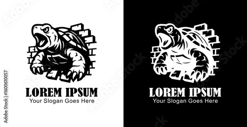 A logo design in the form of a turtle destroying a wall in anger