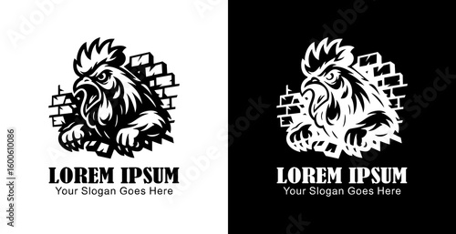 A logo design in the form of a rooster destroying a wall in anger