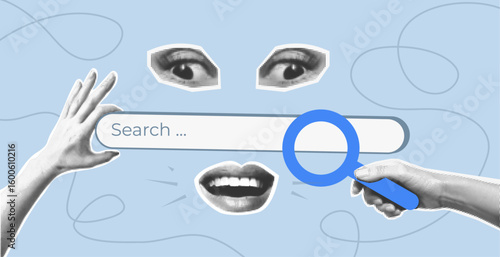 Human hand with magnifying glass in dotted pop art style. Retro halftone search bar with collage element eyes, lips, mouth. Vector illustration for mixed media design. AI or voice assistant concept.