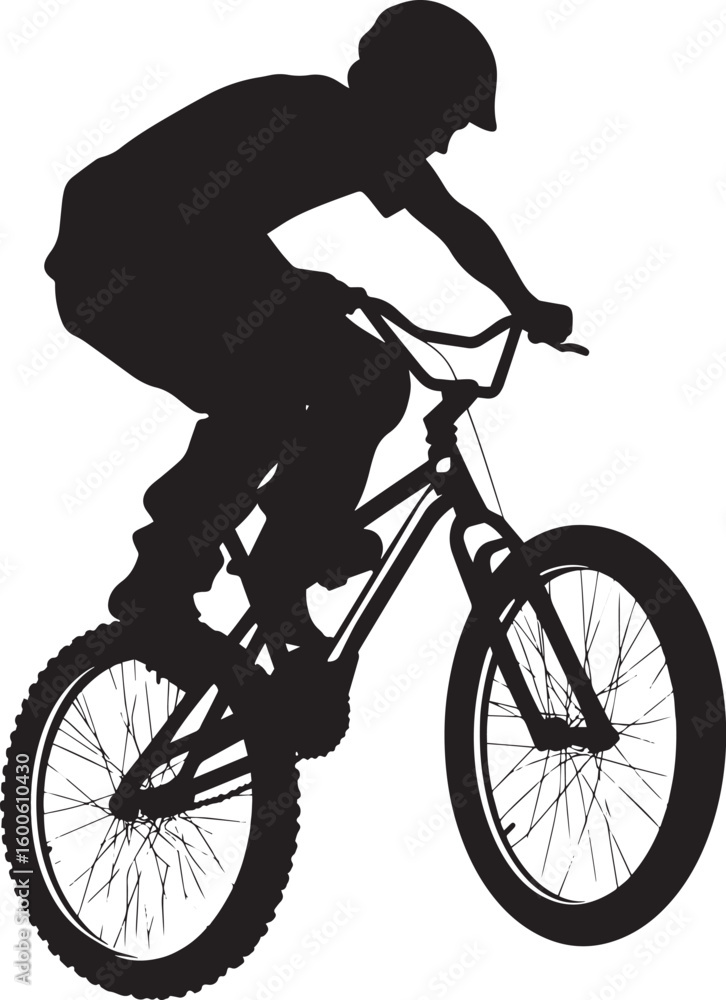 Obraz premium A cyclist balancing on the front wheel with the rear wheel lifted. full length silhouette black vector illustration