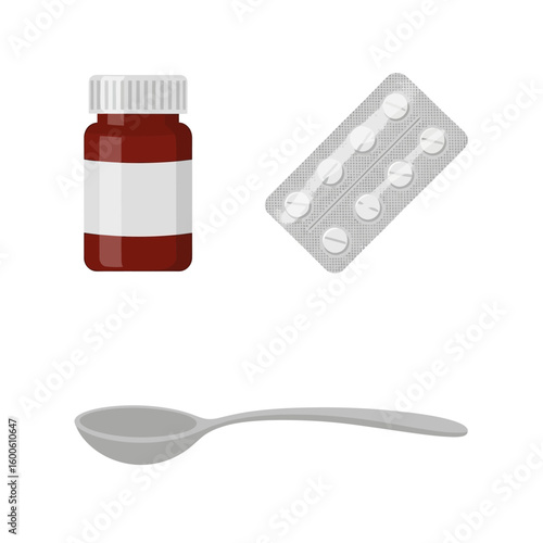 Vector Illustration of Medicine Bottle and Blister Pack with Spoon in Modern Minimalist Style in Red and Gray Colors