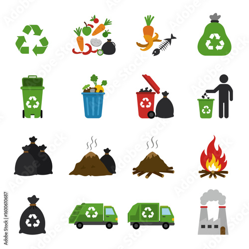 Collection of waste management and recycling symbols for environmental protection and sustainability