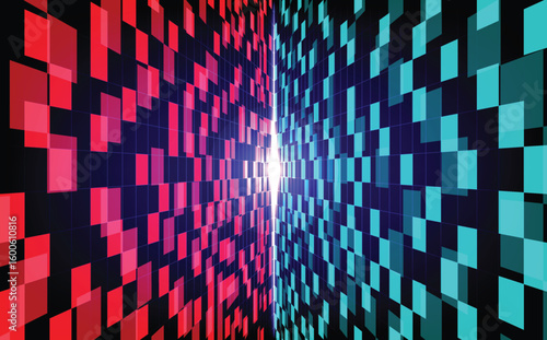 Futuristic abstract technology tunnel with glowing red and blue digital blocks in perspective, representing data flow, binary network, virtual corridor, cyber communication.