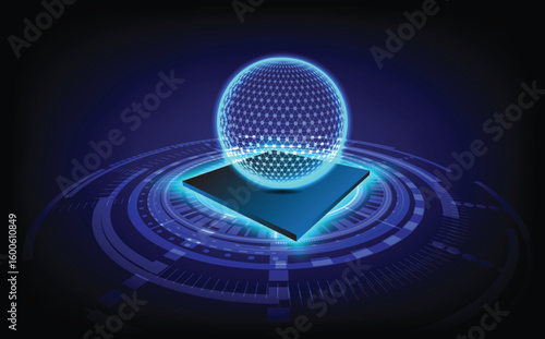 Futuristic abstract technology background with glowing digital sphere on platform chip base, perfect for artificial intelligence, virtual network, holographic interface, data visualization.