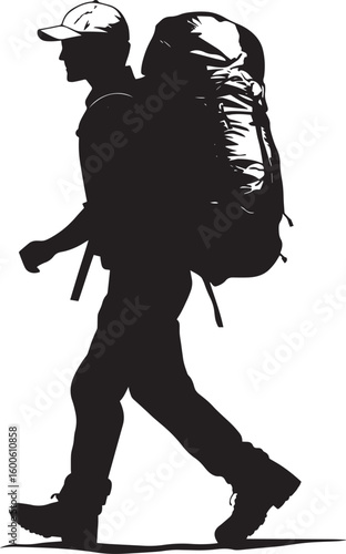 Hiker with Backpack Individual trekking with a large pack, body tilted forward, full-length silhouette.