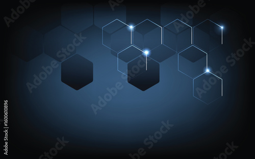 Futuristic hexagon technology background with glowing digital light effect, abstract blue dark design for innovation, science, data, hi-tech or cybersecurity presentation
