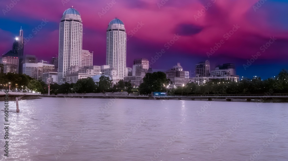 Obraz premium City skyline reflected in calm water at twilight.