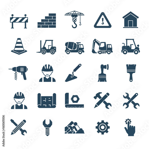 Collection of Construction Tools Equipment and Safety Icons for Building and Engineering Projects