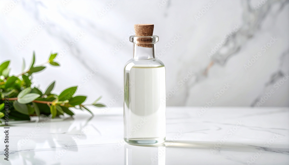 Obraz premium Glass Bottle with Cork and Clear Liquid on White Marble – Botanical Spa Concept – AI-generated