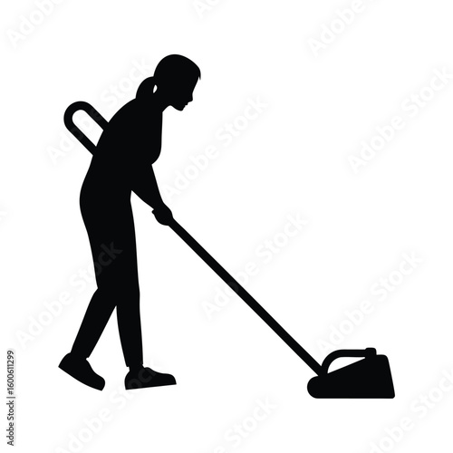 Silhouette of a woman using a vacuum cleaner