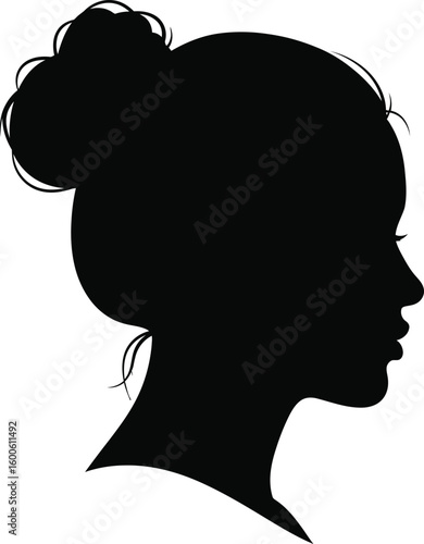 Vector art of a black silhouette profile of a young womans head and shoulders with her hair in a messy bun facing right on a transparent background