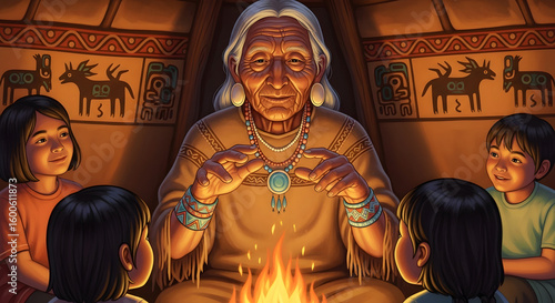 Native elder storytelling inside tribal dwelling