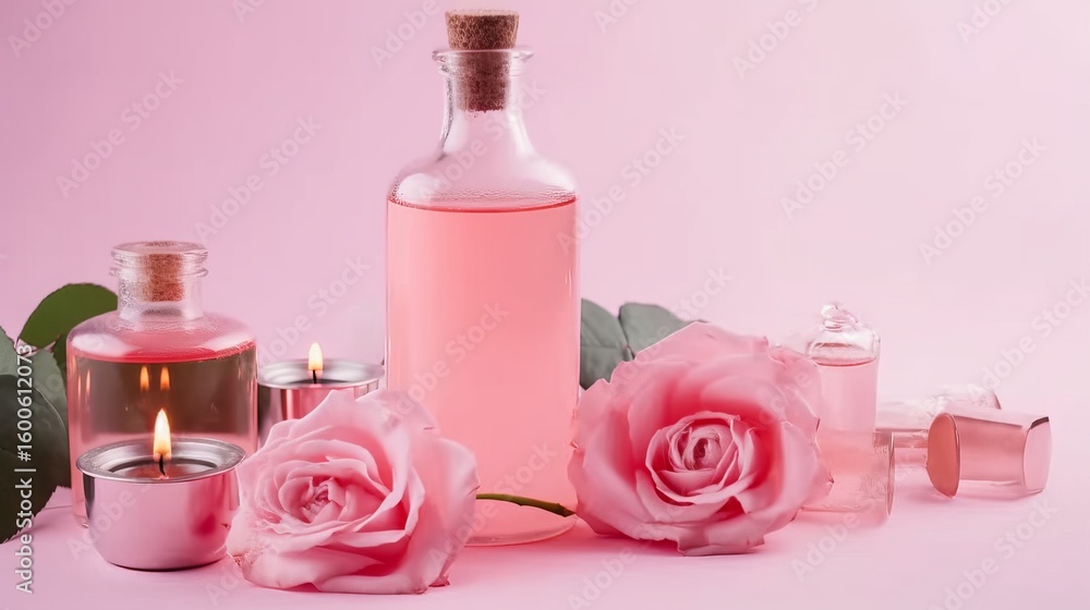 Spa set. Bottles of essential oil, roses and scented candles on pink background Spa set. Bottles of essential oil, roses and scented candles on pink background