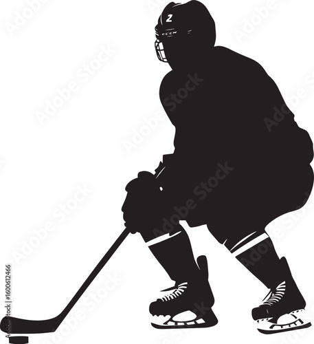 Poised for Puck Drop Player in crouching position, stick on the ice, ready for the faceoff, black silhouette.
