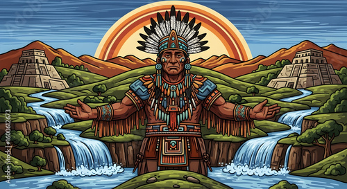 Aztec-inspired tribal leader with sunrise