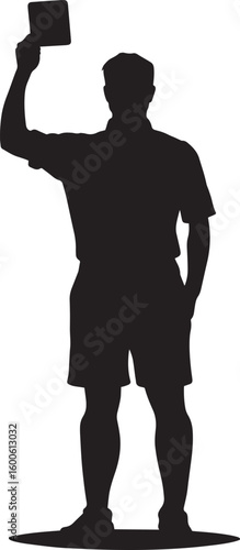 Official raising a red card to signify a player's removal from the game, black silhouette.