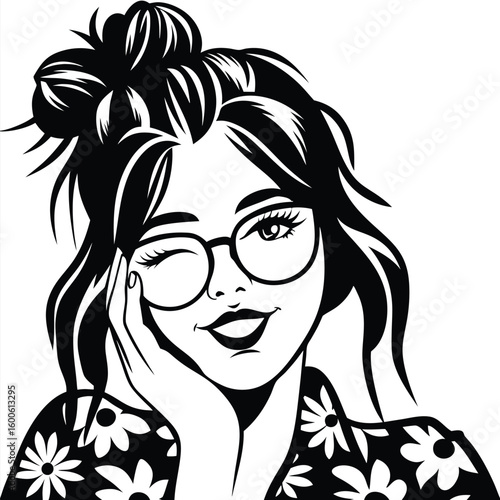 Winking black haired woman with glasses and floral shirt in monochrome invites playfulness