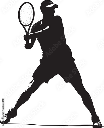 A player hitting a backhand volley, racket extended in a quick and controlled movement, full-length silhouette illustration.