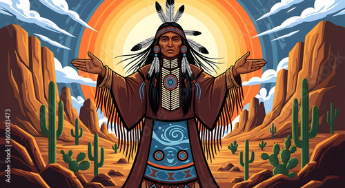 Tribal man with feathered cloak in desert setting