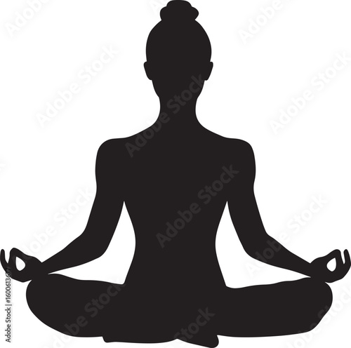 A person sitting cross-legged in Sukhasana, hands resting on knees, eyes closed, full-length silhouette vector.