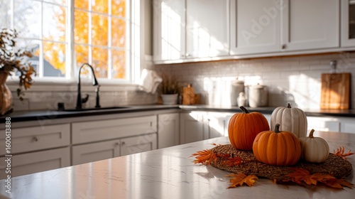 Fototapeta Naklejka Na Ścianę i Meble -  Autumn pumpkins and fall leaves on kitchen counter bright kitchen background