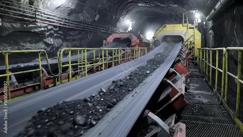 Underground Coal Mining Operation with Industrial Conveyor Belt Transporting Raw Minerals in a Dark Tunnel