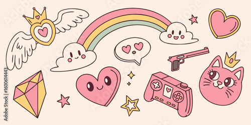 Kawaii style cartoon elements with hearts rainbow and cat