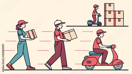 Delivery workers transport packages using various methods
